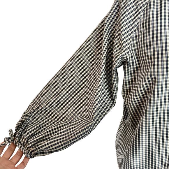 Free Assembly Gingham Plaid Navy White Button Up Shirt LRG Peasant Casual Spring - Picture 3 of 9